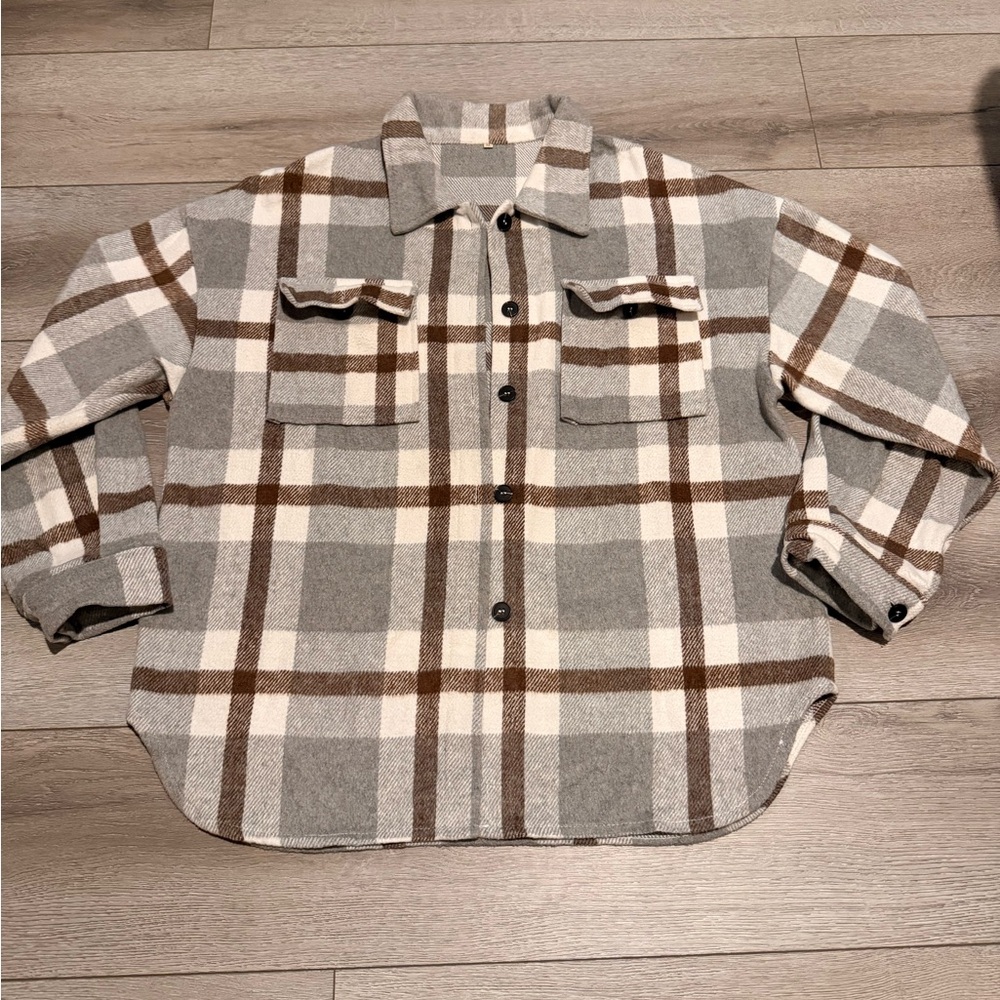 Plaid Button-Up Shirt - Gray and Brown